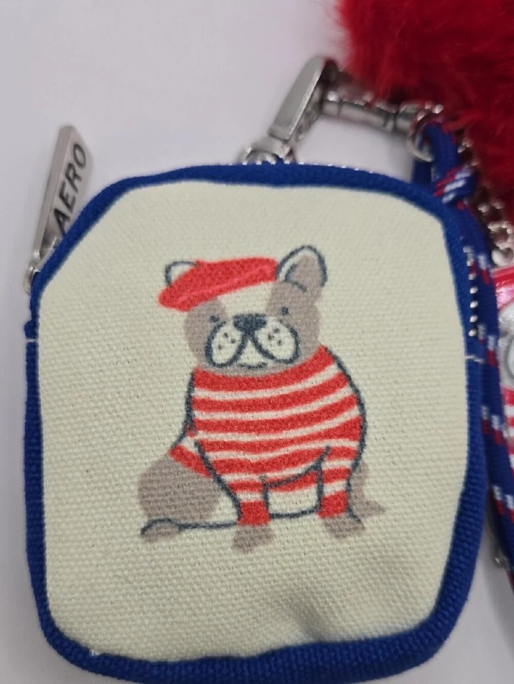 NWOT Aeropostale Dog Key & Card Holder with Red Pom-Pom and Blue Trim